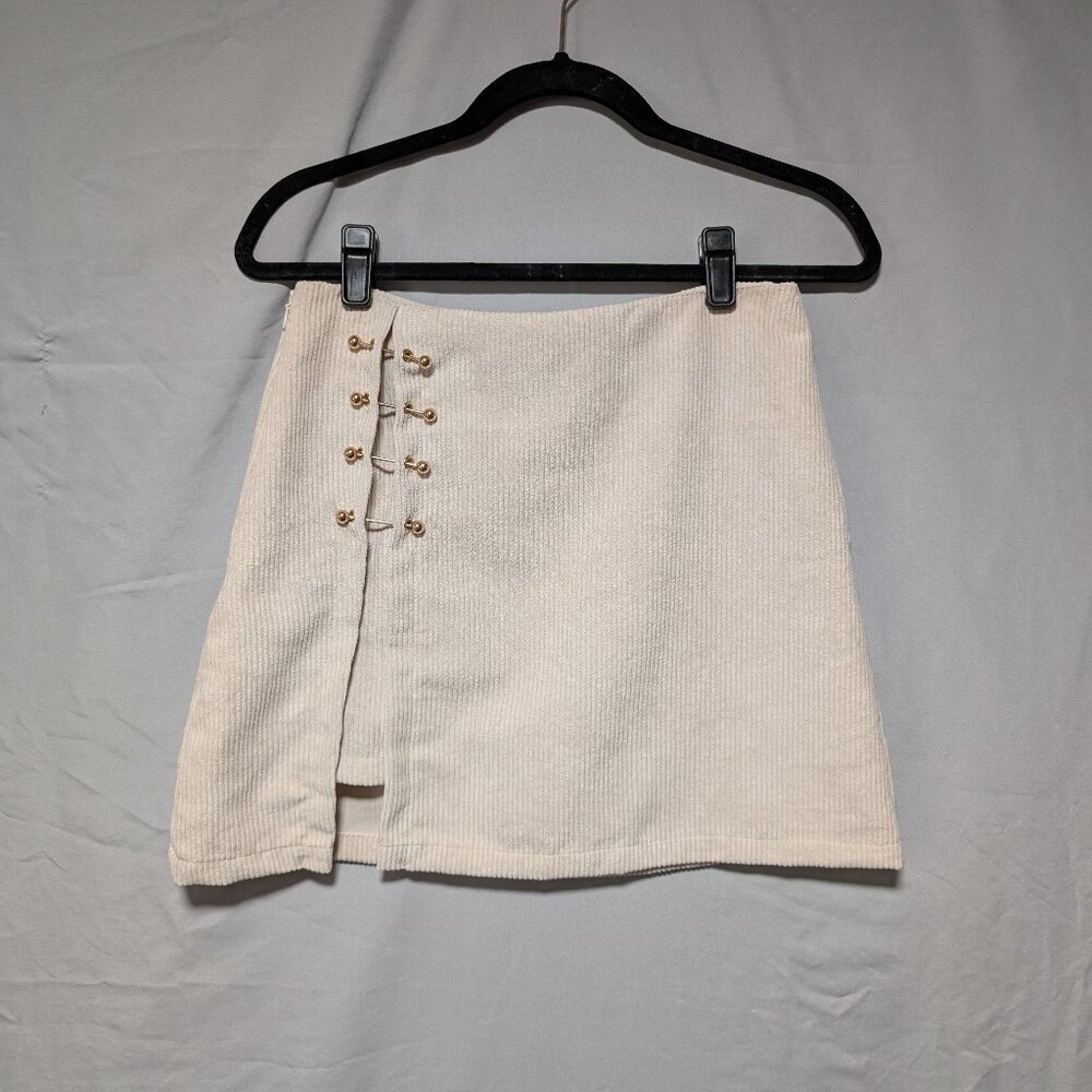 New Women's Cream Corduroy Mini Skirt Gold Hook Detail Side‎ Slit Neutral Medium
